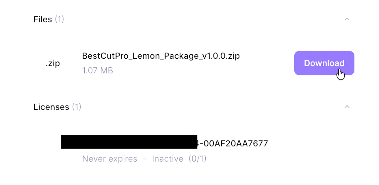 Purchase success page showing license key and download button
