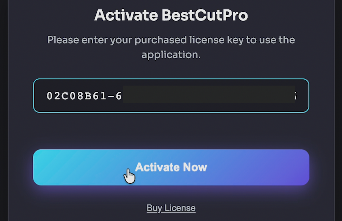 BestCutPro license activation screen in Premiere Pro