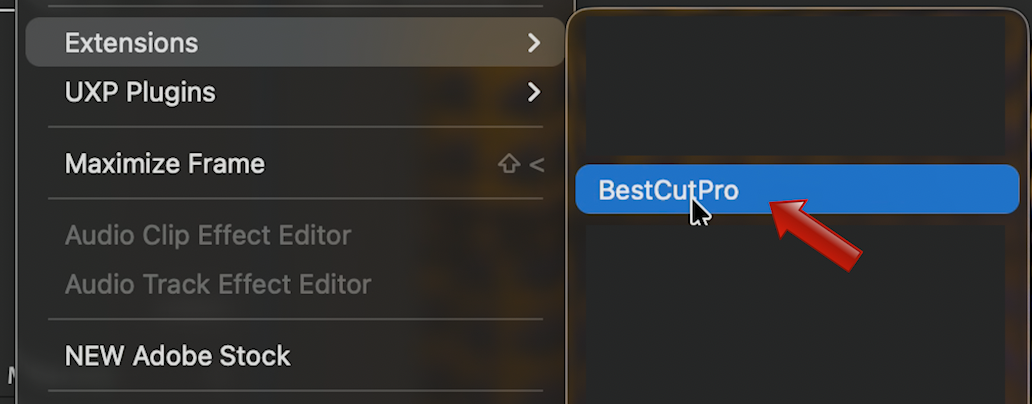 Premiere Pro menu path to open BestCutPro extension