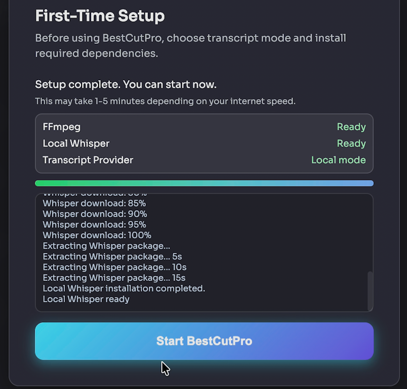 BestCutPro onboarding dependency check status screen