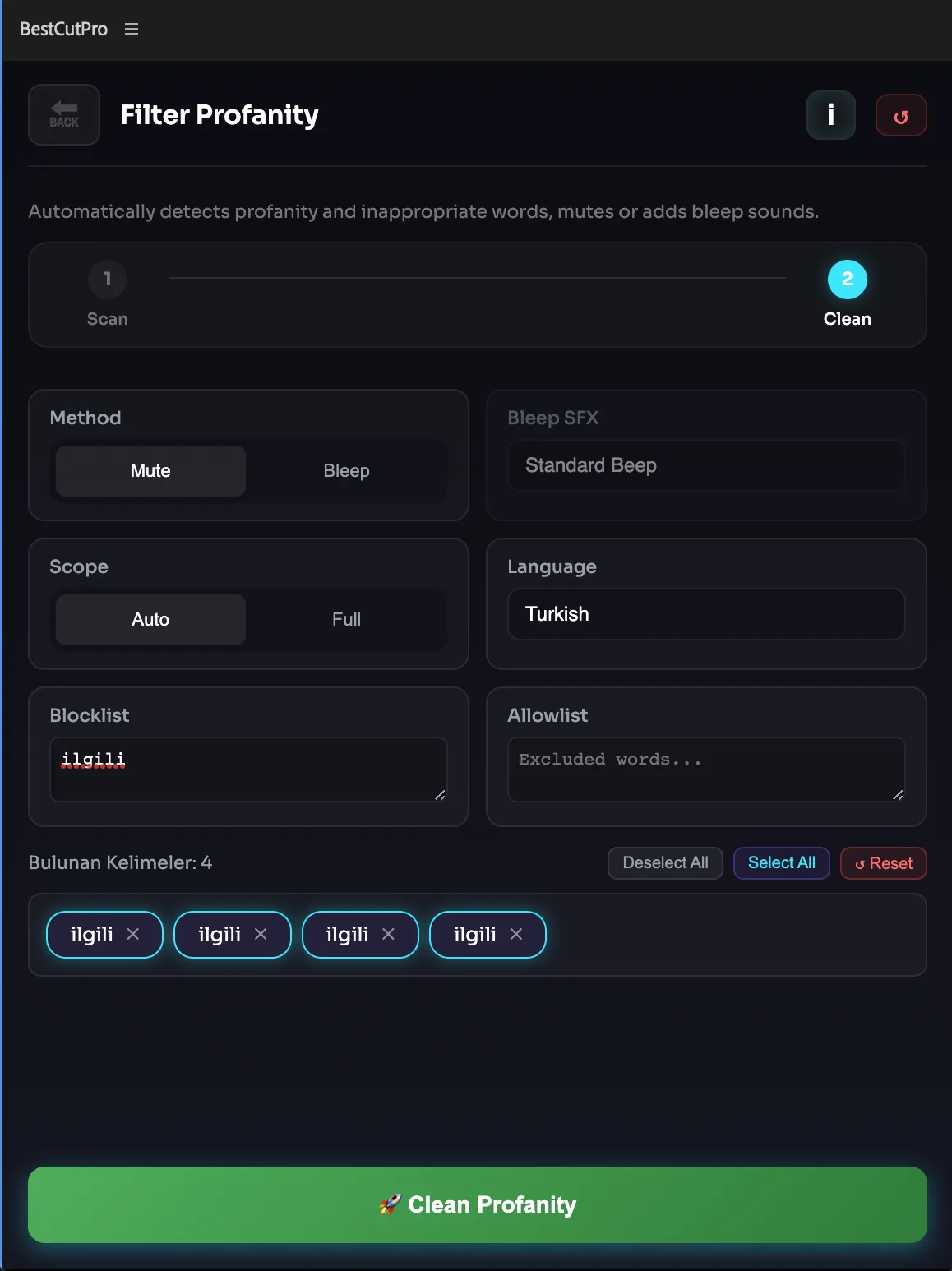 Profanity Filter panel screenshot