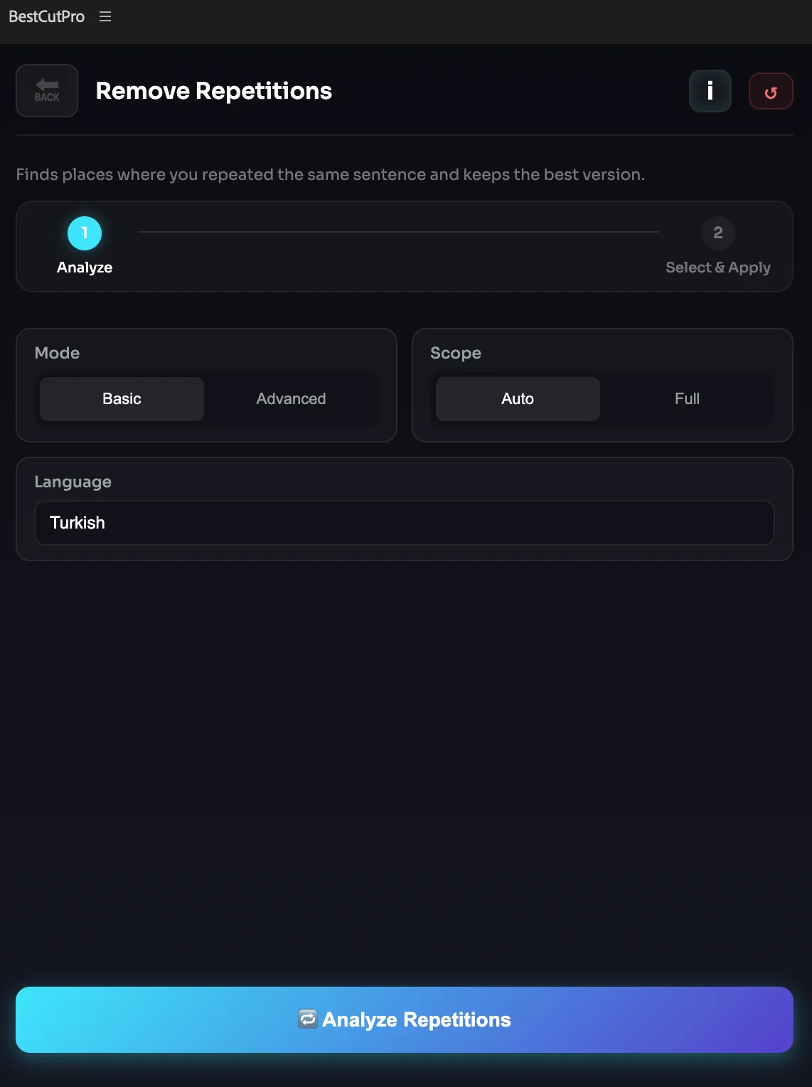 Repetition Remover panel screenshot